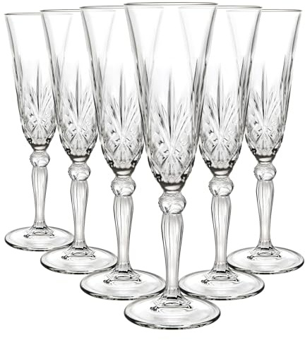RCR 6X 160ml Melodia Champagnerflöten aus Glas - Wiederverwendbar Hochzeit Jubiläum Geburtstag Party Prosecco Wein Cocktail Gläser Set Crystal