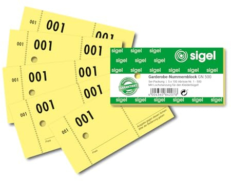 SIGEL GN500 Garderoben-Nummernblöcke mit Lochstanzung, 500 Bons (fortlaufend nummerierte Blöcke von 1 bis 500, 10,5 x 5 cm), gesamt 5 Blocks, aus nachhaltigem Papier