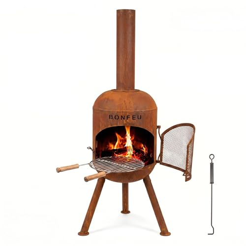 BonFeu BonSolo Rust Terrassenofen – Robuster Gartenkamin in Rost-Optik mit BBQ-Grillfunktion, Ø 34 cm, H 124 cm – 2-in-1 Outdoor-Kamin inkl. Grillrost und Schürhaken für Garten & Terrasse