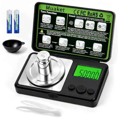 0,001g/50g Feinwaage, Milligramm Waage mit 7 Wiegeeinheiten und Gewichte | Grammwaage mit TARE Funktion und LCD-Display, Digitalwaage mit Pinzette und Batterienzum, MG Waage von Pulvern, Schmuck