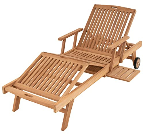 SONLEX Sonnenliege Gartenliege Relax-Liege Teak-Holz inkl. Räder Tablett – Lehne & Fußteil verstellbar – behandelte Oberfläche Pool-Liege Balkonliege