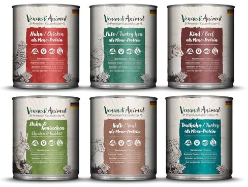 Venandi Animal Premium Nassfutter für Katzen, Probierpaket III, Huhn, Pute, Rind, Huhn + Kaninchen, Kalb, Truthahn, 6 x 800 g, getreidefrei und naturbelassen, 4.8 kg
