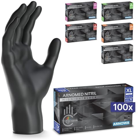 100x ARNOMED® Einweghandschuhe Schwarz, Nitril Handschuhe XL | Einmalhandschuhe, Nitrilhandschuhe puderfrei, Gummihandschuhe, Schutzhandschuhe, Handschuhe Nitril in XS, S, M, L, XL, XXL