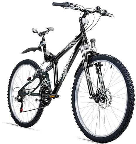 Bergsteiger Buffalo 26 Zoll Fully Mountainbike 18 Gang Licht | Mit Scheibenbremse vorn, V-Bremse hinten, Vollfederung, Aluminiumfelgen, ideal für Kinder von 135–155 cm.
