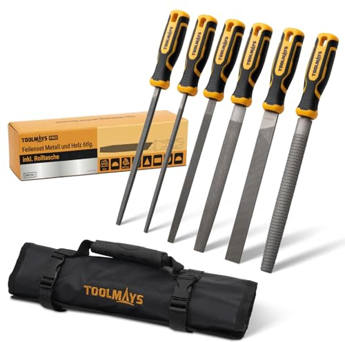 TOOLMAYS Feilenset Metall und Holz 6-tlg. Profi Feilensatz | Inkl Rolltasche Gummigriff Rund-/Halbrund-/Flach-/Dreieck-/Vierkantfeilen Werkstattfeilen