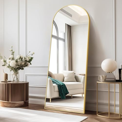 COFENY Bogen Ganzkörperspiegel, 150 × 40 cm Standspiegel mit Goldrahmen, Groß Wandspiegel zum Stehen, Anlehnen oder Hängen, Bodenspiegel für Schlafzimmer, Wohnzimmer
