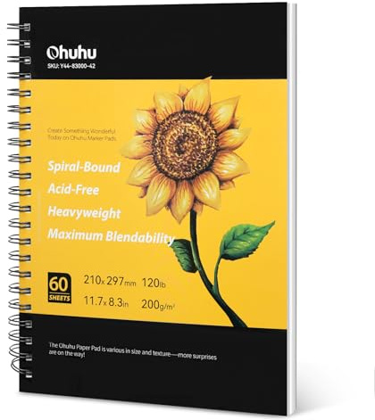 Ohuhu A4 Skizzenbuch - 200 g/m² Zeichenblock, 60 Blatt/120 Seiten | Skizzenbuch für Alkoholmarker, Säurefreies Papier, Drahtkammbindung mit Hardcover-Einband
