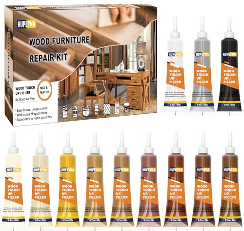 Hupeyna Holzmöbel-Reparaturset, Laminat Parkett Reparatur, 12 Farben Holzspachtelmasse, Holzreparaturset Reparatur von Kratzern, Rissen, Verfärbungen für Holzschrank, Boden, Tür, Tischoberflächen