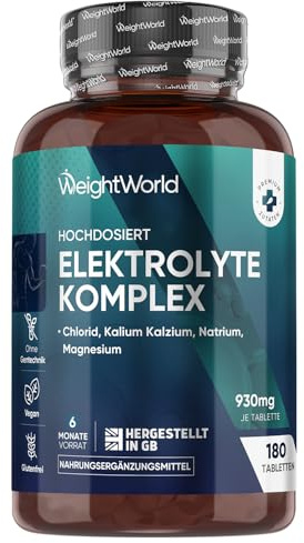 Elektrolyte Tabletten - 930mg pro Portion - mit Magnesium, Kalzium, Kalium, Natrium & Chlorid - 180 vegane Tabletten - Electrolyte Tablets Komplex - Glutenfrei - Ohne Gentechnik - WeightWorld