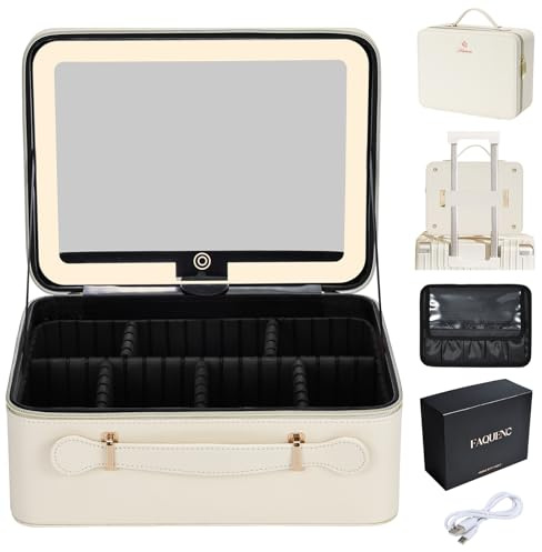 Leder-Kosmetiktasche mit LED-beleuchtetem Spiegel Reise-Kosmetikkoffer Einstellbare Helligkeit in 3 Farben Künstler-Aufbewahrungstasche mit Trennwänden Pinselhalter-Tasche Schminkkoffer Weiß, 29CM