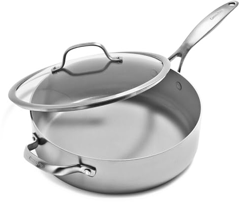 GreenPan Venice Tri-Ply 28cm/4.8l Schmorpfanne mit Hilfsgriff und Deckel, Gesundes Antihaft-Kochgeschirr aus Edelstahl, PFAS-frei, Mehrschichtig, Induktion, Spülmaschinenfest, Backofenfest, Silber