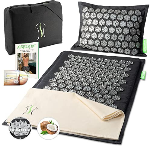 BACKLAXX® Akupressurmatte mit Kissen für Fortgeschrittene [extreme Stimulation] | Akupunktur-Matte mit Stacheln zur Massage mit Tuch & Tasche | Akkupressmatte für Nacken, Schulter & Rücken