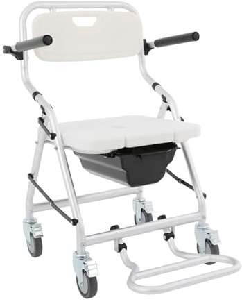 BRRIDE Duschrollstuhl, Faltbarer Dusch-Toilettenrollstuhl mit 4 Feststellbaren Rädern, Toilette, Fußstützen, Hochklappbaren Armen, Toilettenstuhl 150kg für Senioren, Behinderte