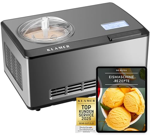 KLAMER 2-in-1 Eismaschine & Joghurtbereiter 2 L, 180 W Eiscrememaschine aus Edelstahl mit Kühl- und Heizfunktion, hausgemachtes Speiseeis mit selbstkühlendem Kompressor, mit digitalem Rezeptbuch