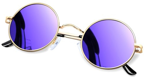KANASTAL Runde Sonnenbrille Herren Damen Klassische Retro Polarisierte Sonnenbrille Rund mit Metallrahmen Vintage Hippie Rave Brille UV400 Schutz, Gold Rahmen Verspiegelt Lila Gläser