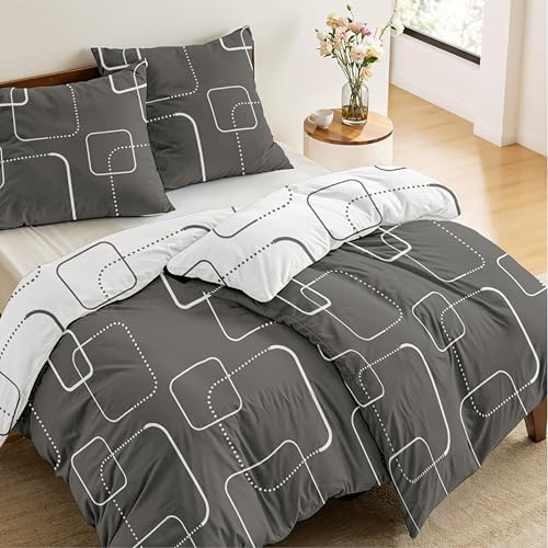 Dreamzie - 4-Teilig Bettwäsche Set 135x200 cm Muster Karos Grau mit 2 Kissenbezügen 80x80 cm - Bettwäsche 135x200 Einzelbett aus 100% Mikrofaser - Zertifiziert ohne Chemikalien (Oeko TEX)