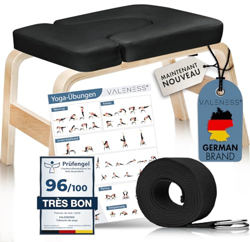 VALENESS® Yoga Kopfstandhocker aus Naturholz mit Yogagurt und Übungsposter | Massives Naturholz, inklusive Yogagurt, Yogablock und Übungsposter – ideal für Kopfstand- und Handstandübungen zu Hause