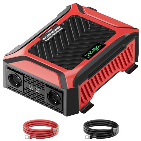 Wechselrichter 12V auf 230V Reiner Sinus 2000W/4000W(Dauerleistung 1000W/2000W) Doppel Spannungswandler, intelligentem Erkennungssystem mit 2 EU Steckdose, 1Type-C, 2.1A USB, für Haushaltsgeräten, LKW