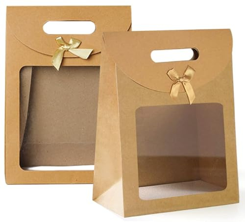 20 Stücke Braune Papiertüten Geschenktüten, Geschenktüten mit Griffen, Kraftpapier Verpackungsbeute, Geschenktüte mit Fenster, zum Verpacken von Bankett Geschenken, Süßigkeiten, Keksen