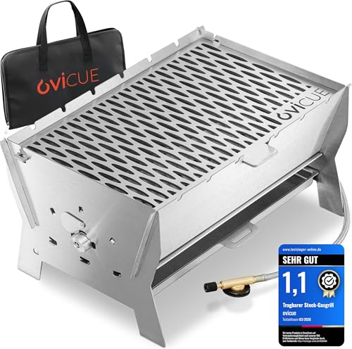 ovicue Grill | Mobiler Steck-Gasgrill – Tragbarer Edelstahlgrill mit Stecksystem – Gas- & Holzkohlebetrieb – Inkl. Tragetasche – Perfekt für Camping, Balkon, Garten & Outdoor - Camping Grill