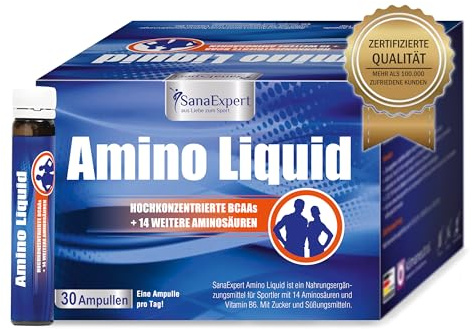 SanaExpert® Amino Liquid - Hochdosiertes Aminosäuren-Konzentrat mit BCAAs & Vitamin B6-30 Trinkampullen à 25 ml - Flüssige Form - Made in Germany