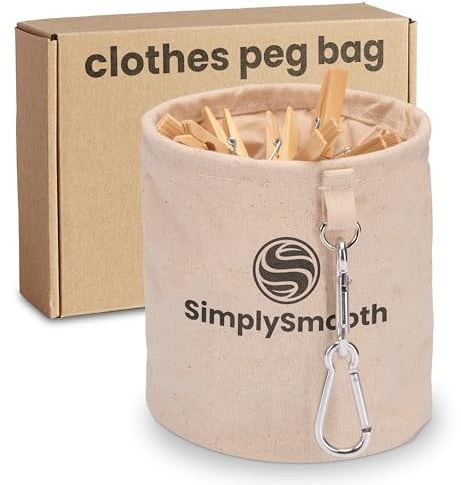 SimplySmooth Wäscheklammerbeutel für bis zu 100 Wäscheklammern - Klammerbeutel aus 100% Baumwolle mit extra großen Karabinern zum Aufhängen - Wäscheklammerkorb mit Verschluss