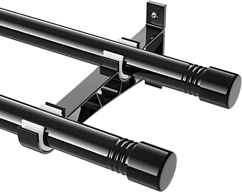Gardinenstangen Innenlauf 2-Läufig aus Edelstahl, 76-116cm Gardinenstangen Verstellbare mit Kappenknäufen und Halterungen - Dekorative Fenster für Wohnzimmer Schlafzimmer Fenster/Schwarz