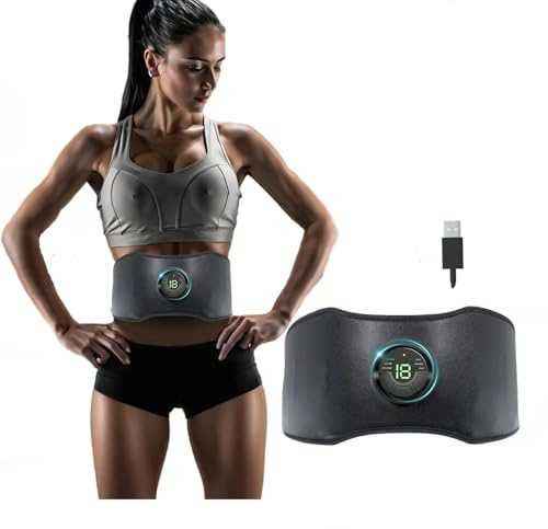Warmforwel EMS-Muskelstimulator für Bauch und Rumpf | 6 Modi, 18 Intensitätsstufen, Verstellbarer 118 cm Langer Bauchmuskeltrainer | USB-aufladbares Heimfitnessgerät für Damen und Herren