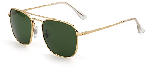 JIM HALO Retro Platz Flieger Sonnenbrille Premium Glas Linse Flach Metall Gläser Damen Herren(Gold/Grün)