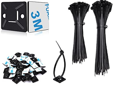 SZXULI 200 Stück Kabelbinder Schwarz Set 120mm/150mm und 100 Stück Starken Selbstklebend Basishalter, Nylon Kunststoff Kabel Binder, UV-beständiges, für Heim Büro Industriell