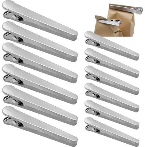 TETEWEVER 12 Stück Verschlussclips Edelstahl Clips für Tüten, Tütenclips | 2 Größen 8cm＆11.5cm für Lebensmittel Brot Beutel, Wiederverwendbar, Verschlussklammern Metall Tütenverschluss Küchenclips