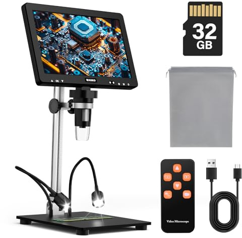 WADEO 10,1-Zoll-LCD-Digitalmikroskop 1500x inkl. 32GB Karte, Tragbares Mikroskop USB-Digitalmikroskop Lötmikroskop mit 8 LEDs und Metallständer, MacOS Windows kompatibel, für Reparaturen und Löten