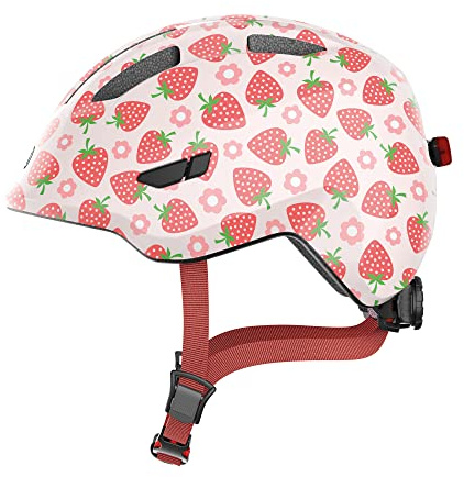 ABUS Kinderhelm Smiley 3.0 LED - Fahrradhelm mit Licht - tiefe Passform & Platz für einen Zopf - für Mädchen und Jungs - Rosa mit Erdbeer-Muster, Größe M