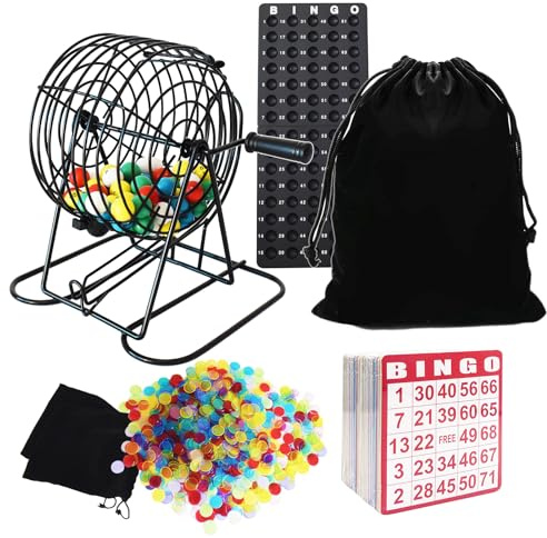 Yuanhe Deluxe-Bingo-Spiel-Set – inklusive 20,3 cm großem Drehkäfig aus Metall mit großer Aufbewahrungstasche, 1000 Bunte Chips, 100 Bingo-Karten, 75 farbige Bälle und Masterboard, ideal für große