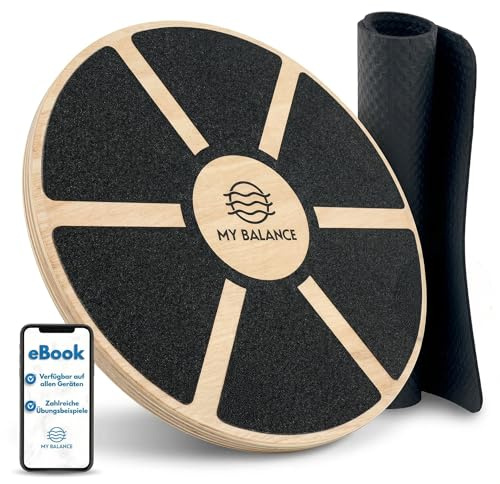 Balance Board, Wackelbrett aus echtem Holz, mit Antirutschmatte und E-Book | Gleichgewichtstrainer inkl. E-Book, aus echtem Holz, bis 120 kg belastbar, rutschfest, für Fitness und Koordinationstraining