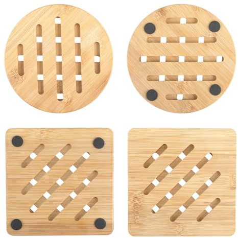 4er Set Bambus Topfuntersetzer, Bambus Untersetzer in 15cm, Quadrat und Rund Holzuntersetzer für Küche, Schüssel, Topf, Pfanne, Kanne und Teller, Hitzebeständige Untersetzer