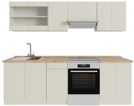 Vicco Küchenzeile R-Line, Beige, 240 cm, AP Eiche, mit variabel positionierbaren Modulen und höhenverstellbaren Füßen