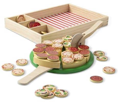 Melissa & Doug - Pizza-Party-Spielset aus Holz, 45-teilig,mit Pizzaschneider, Pizzateller, Holzspatel und Holzbox, Für Kinder ab 3 Jahren