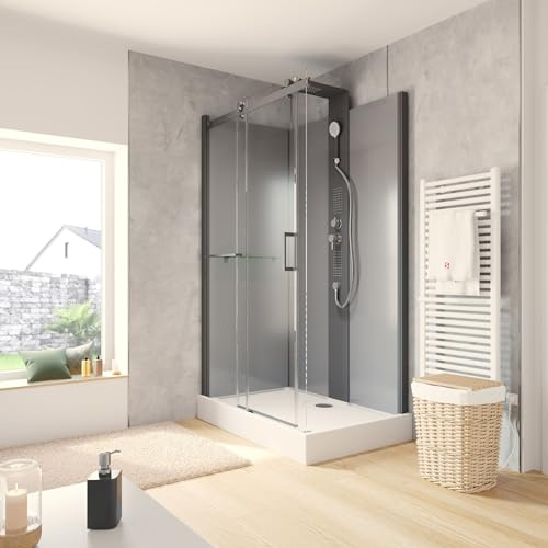 Schulte Komplettdusche Korsika 120 x 80 cm, schwarze Profile | Wellnesskabine mit 6 mm klarem ESG-Sicherheitsglas, grauen Rückwänden und Duschwanne.