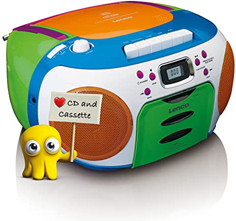 Lenco SCD-971 CD Player, Radio CD Player, auch für Kinder, Tragbar, CD Spieler -Kinderradio - Kassettenradio mit CD - Kassettenspieler - Kopfhöreranschluss - Titelspeicher - Bunt