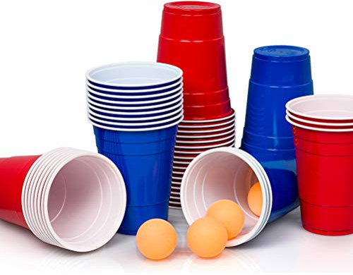 Lucky Humans® Party Becher Set mit Bällen | 50 Mehrwegbecher Rot & Blau (530 ml) | Stabil & Spülmaschinenfest | Party Spiel Set für Festival, Geburtstag & Events | XXL Kunststoffbecher Red Cups