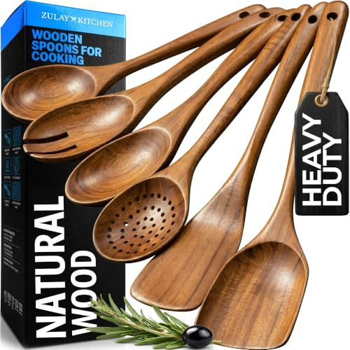 Zulay Kitchen Kochlöffel Holz Set aus Teak - Holzlöffel zum Kochen, Holzkochlöffel, Holzkochlöffel Klein | Küchenutensilien Holz Kochlöffel Premium Qualität, Wooden Spoons Kuchenhelfer, Set 6