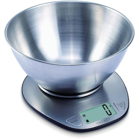 EXZACT Digitale Küchenwaage Edelstahl - Elektronische Kochwaage mit Abnehmbarer Schüssel zum Backen und Kochen - Tara-Funktion - Max 5 kgs - küchenwaage mit schüssel