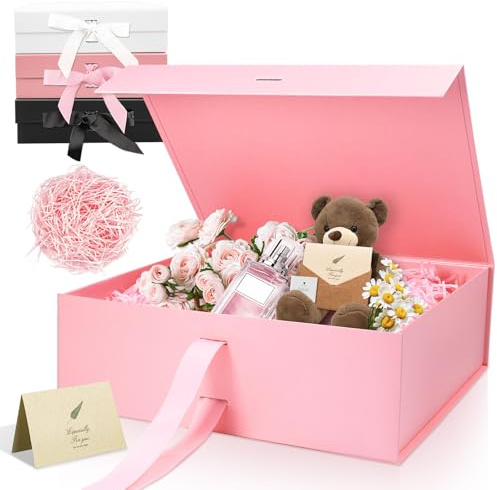 Rosa Luxus Große Magnet-Geschenkbox, 32,5 * 23 * 10,5cm mit Band, Papier& Grußkarte Party Favor Box für Hochzeit, Geburtstag & Muttertag