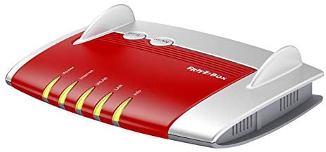 AVM FRITZ!Box 4020 WLAN-Router (für den Betrieb an einem Modem am Kabel-/DSL-/Glasfaser-Anschluss, WLAN N, 450 MBit/s (2,4 GHz) 4 x Fast-Ethernet, Mediaserver, deutschsprachige Version) rot/weiß