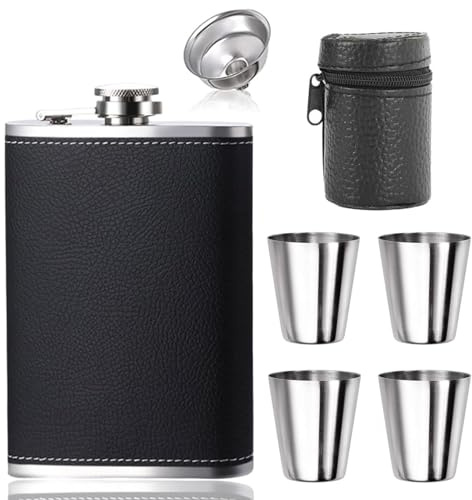 AMSNINK 304 Flachmann 220ml Mit Trichter Und 4 Kleine Tassen, Edelstahl, Mit Becher, Auslaufsicher Für Wandern Und Party