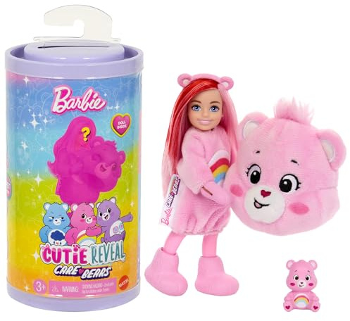 Barbie Cutie Reveal Chelsea-Puppe und Accessoires, Glücksbärchis-Reihe, kleine Puppe mit Plüschkostüm und 6 Überraschungen (Stile können abweichen), JCN97