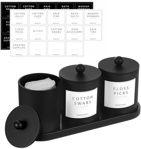 BIKALAN Glas Wattestäbchen Behälter, Schminktisch Badezimmer Organizer Set mit Tablett, Wattepadspender Make up Organizer für Wattestäbchen, Wattepads (Schwarz-3er)