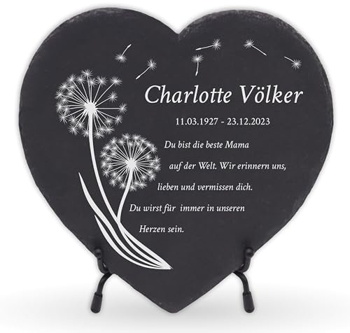 LAUBLUST Personalisierte Grabplatte als Grabschmuck für Menschen mit Wunschtext | Schieferplatte mit Gravur als Grabstein Deko & Grabtafel in Herzform - Pusteblume, 3 Größen | Grabsteine mit Name