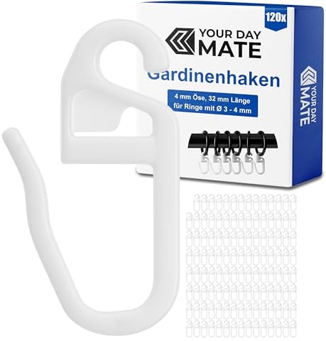 Vorhanghaken für Gardinen Ringe, 120 Stück, mit Ø 4 mm Öse, für Gardinenringe mit 3 bis 4 mm, in Weiß, Gardinenringe Haken zum Einhängen, Faltenlegehaken für Vorhangringe, Vorhang Haken Clip Set